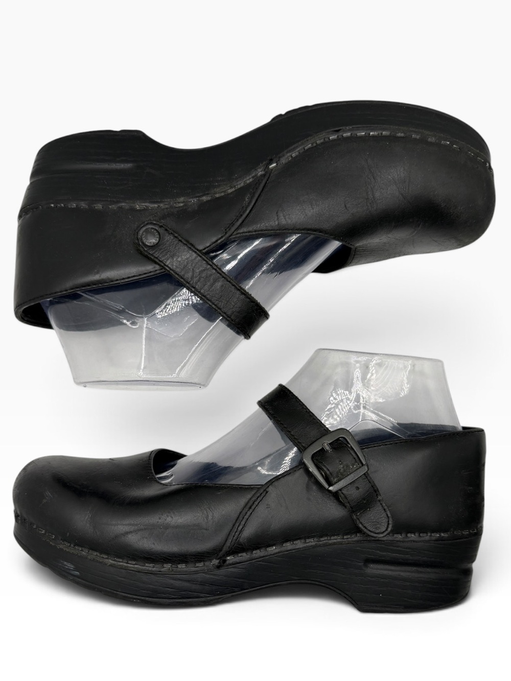 Dansko Black Leather Mary Jane Clogs with Buckle Strap - Size 39